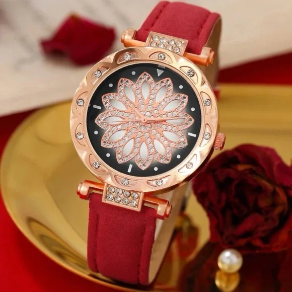 New Red Starry Sky Luxury Leather Strap Rose Gold Sapphire Bracelet Watch Set - Picture 7 of 16